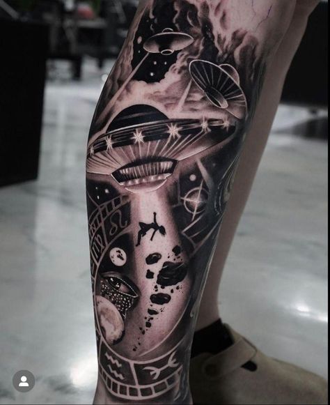 Space Themed Leg Sleeve, Alien Leg Tattoo, Space Leg Sleeve Tattoo, Alien Tattoo Sleeve, Space Sleeve Tattoo, African Sleeve Tattoo, Galaxy Tattoo Sleeve, Alien Tattoos, Space Tattoo Sleeve