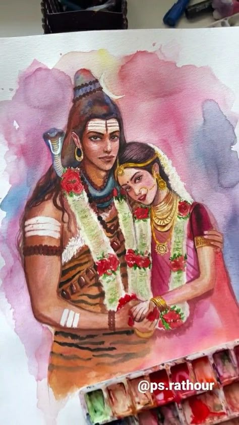 Mahadev And Parvati Painting, Shiv Parvati Watercolor Painting, Shiv Parvati Vivah Drawing, Shiv Parvati Painting On Canvas Easy, Mahashivratri Drawing Ideas, Mahashivratri Painting Ideas, Mahadev Watercolor Painting, Shivparvati Drawing, Shiv Watercolor Painting