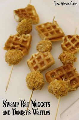 Swamp Rat Nuggets & Donkey's Waffles from Shrek | See Aimee Cook Shrek Themed Desserts, Shrek Inspired Food, Shrek Movie Night Food, Shrek 2nd Birthday Party, Shrek Party Games, Shrek Food Ideas, Shrek Snacks, Shrek Themed Food, Shrek Movie Night