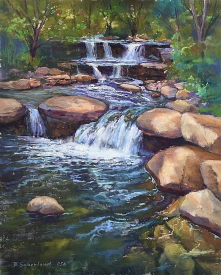 Flowing Water by Brian Sauerland Pastel ~ 20" x 16" Fall Canvas Painting, Waterfall Paintings, Small Canvas Paintings, Canvas For Beginners, Waterfall Art, Canvas Drawings, Flowing Water, Easy Canvas Painting, Landscape Art Painting