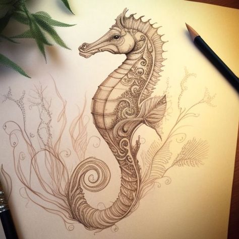 Sea Horse Tattoo Design, Sea Horse Tattoos, Seahorse Tattoos, Taino Tattoos, Fairy People, Colorful Seahorse, Horse Tattoo Design, Scene Tattoo, Seahorse Tattoo