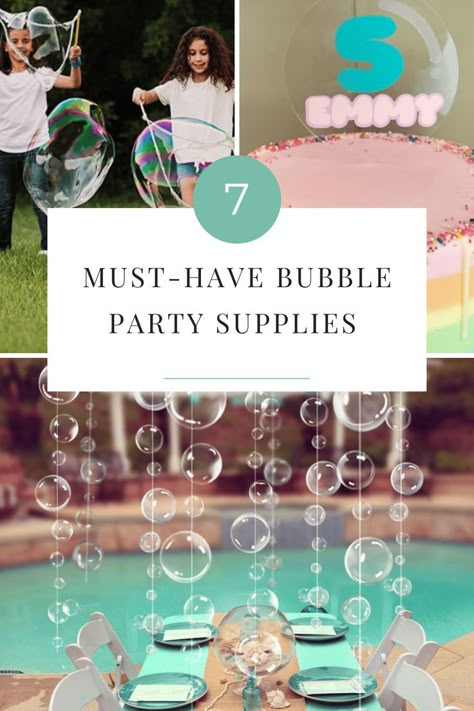 Are you ready to throw the most bubble-tastic party? You'll need more than just a bottle of soap and some wands - here are 7 must-have supplies for an unforgettable Bubble Party! Get ready for epic fun! Bubble Theme First Birthday Party, Bubble Party Ideas Kids, Bubble Birthday Cake, Bubble Birthday Party Ideas, Bubble Themed Birthday Party, Foam Birthday Party, Bubble Party Theme, Bubble Party Ideas, Bubble Invitations