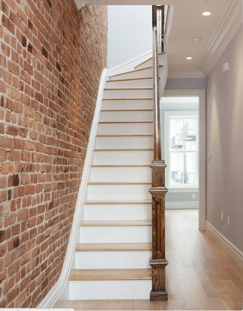 Brick Staircase Wall, Brick Wall Stairs, Staircase Brick Wall, Staircase Brick Wall Design, Brick Stairs Interior, Exposed Brick Staircase, Brick Wall Staircase, Wall At Top Of Stairs, Townhouse Staircase