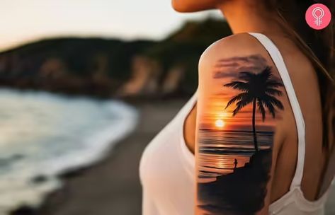 Realistic Sunset Tattoo, Sunset Tattoo Color, Sunrise Tattoo Color, Sunset Beach Tattoo, Beach Sunset Tattoo, Beach Scene Tattoo, Silouette Tattoo, Sunrise Tattoo, Women's Shoulder Tattoo