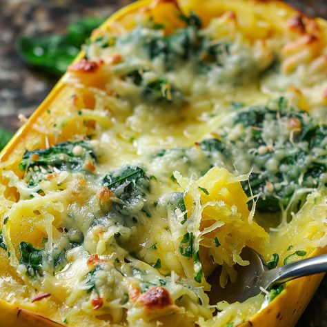 Garlic Parm Spaghetti Squash, Spinach Spaghetti Squash, Garlic Parmesan Spaghetti Squash, Squash Recipes Healthy, Spinach Spaghetti, Cheesy Spaghetti Squash, Daikon Recipe, Parmesan Spaghetti Squash, Parmesan Spinach