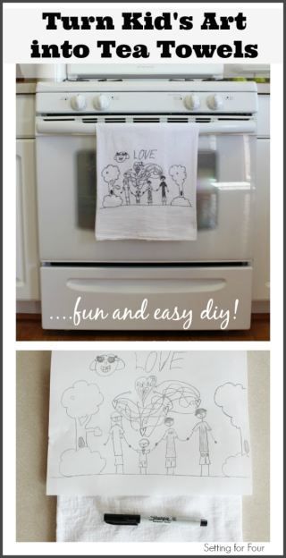 It's easy! How to Turn Kid's Art into Tea Towels! Decorate your kitchen with the kiddo's fun art creations.  Great gift idea!: Tea Towels Diy, Towels Kids, Diy Spring, Craft Projects For Kids, Fun Crafts For Kids, Grandparent Gifts, Fun Art, How To Turn, Childrens Art