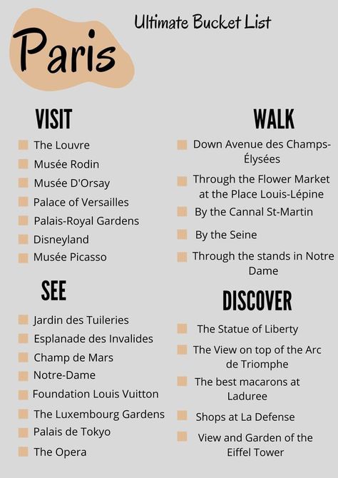 France Bucket List, Paris Trip Planning, Paris Bucket List, Travel Bucket Lists, Paris Itinerary, Travel Infographic, Holiday Travel Destinations, Paris Travel Tips, Paris France Travel