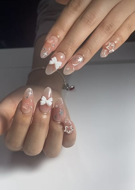 Short Nail Designs Douyin, Almond Nails Designs With Charms, Nail Charm Designs Simple, Korean Jelly Nails With Charms, Chinese Almond Nails, Saranghae Tracy Nails, Gel X Nails With Charms, Korean Almond Nails Designs, Korean Gem Nails