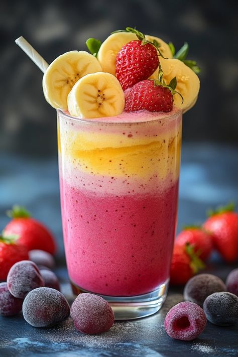 Layered fruit smoothie topped with banana slices and strawberries. Wake Up Smoothie, Aesthetic Smoothie Pictures, Smoothie Wallpaper, Smoothies For Pregnancy, Smoothies For Diabetics, Smoothie Photography, Smoothie Bowl Aesthetic, Fruits Smoothies, Smoothie Recipes For Breakfast