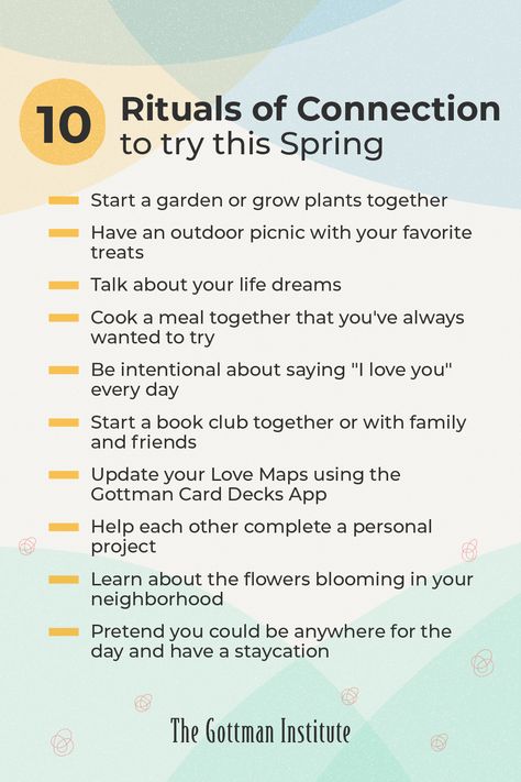 Remember to make time to share joy with the ones you love this spring. What rituals of connection will you start this spring? Rituals Of Connection Gottman, Couples Traditions, Relationship Rituals, Gottman Marriage, Relationship Template, Vampire Tumblr, Heathy Relationship, Self Journal, Relationship Journal