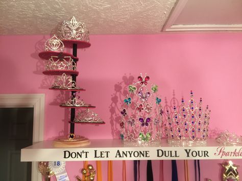 Just need to paint the base and it's finished. Homemade pageant crown display shelf. Pageant Display Ideas, Pageant Crown And Sash Display, Tiara Display Ideas, Sash Display Ideas, Crown And Sash Display, Tiara Storage, Pageant Trophy Display Ideas, Pageant Room, Crown Display Ideas