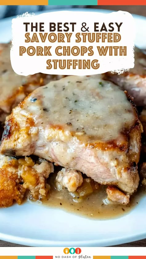 These Savory Stuffed Pork Chops with Stuffing are a comfort food classic! Juicy pork chops stuffed with herby stuffing and topped with creamy mushroom soup—delicious and easy to make. Perfect for a family dinner or a cozy night in. Want to impress your guests without spending hours in the kitchen? Save this recipe and try it for your next meal! Stuffed Pork Chops With Stuffing, Stuffed Pork Chop Recipes, Pork Chops With Stuffing, Pork Chops And Stuffing, Mushroom Soup Pork Chops, Baked Stuffed Pork Chops, Pork Chop Recipes Grilled, Boneless Pork Chop Recipes, Stuffed Pork Chops