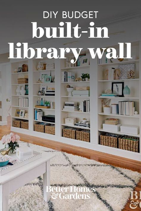 Home Bookcase Ideas, Diy Bookshelf Wall Built Ins, Walk To Wall Bookshelf, Bookshelves Wall To Wall, Wall Size Bookshelf, Open Bookcase Wall, Build Floor To Ceiling Bookcase, Built In Library Wall Farmhouse, Diy Floor To Ceiling Bookshelves Bookshelf Wall