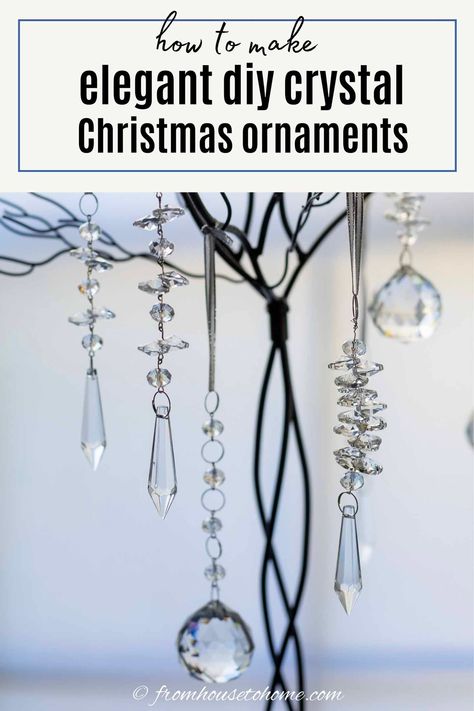 These crystal DIY Christmas ornaments are a beautiful way to add some sparkle to your Christmas tree decorations. They're easy to make and look beautiful on a flocked Christmas tree. #fromhousetohome #christmas #ornaments #diyproject #glamchristmasdecor Crystal Ornaments Diy, Diy Icicle Ornaments, Christmas Tree Goals, Diy Christmas Tree Decorations, Crystal Christmas Ornaments, Glam Christmas Decor, Crystal Diy, Flocked Christmas Tree, Handmade Chandelier