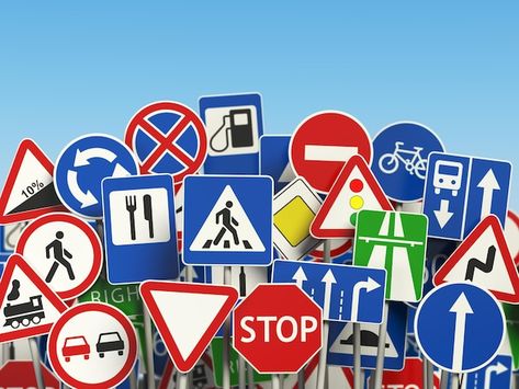 Photo traffic road signs on the sky back... | Premium Photo #Freepik #photo #traffic-signs #road-sign #road-arrow #road-safety Traffic Sign Aesthetic, Road Signs Aesthetic, Vertical Signage, Traffic Sign Boards, Traffic Video, All Traffic Signs, Traffic Symbols, Driving Signs, Bus Poster