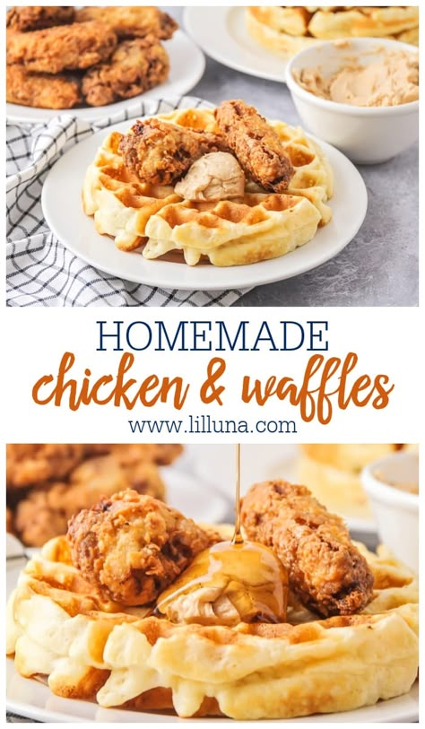 No need to count calories with these Chicken and Waffles, this sweet and salty classic is worth every bite! #chickenandwaffles #chicken #waffles #breakfast #brunch Chicken And Waffles Recipe Easy, Fried Chicken And Waffles Recipe, Waffles Recipe Easy, Chicken Waffles Recipe, Cheddar Waffles, Chicken And Waffles Recipe, Best Waffle Maker, Homemade Bacon, Fried Chicken And Waffles