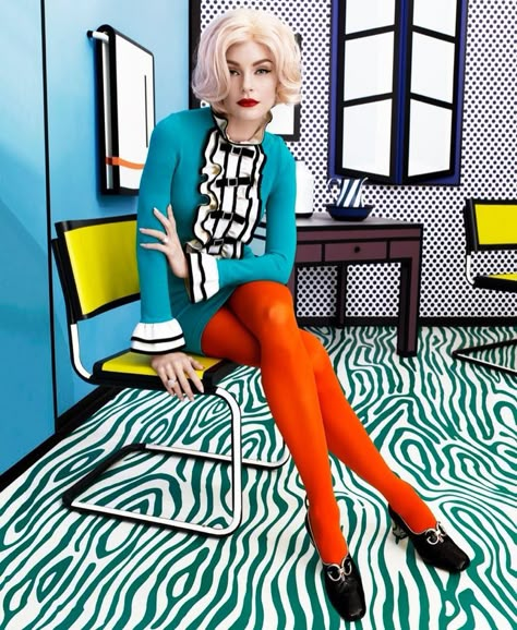 Jessica Stam Transforms Into Pop Art for Harper’s Bazaar | Fashion Gone Rogue Pop Art Costume, Pop Art Fashion, Jessica Stam, Mode Editorials, Gucci Dress, Art Costume, Roy Lichtenstein, Best Mods, Art Pop