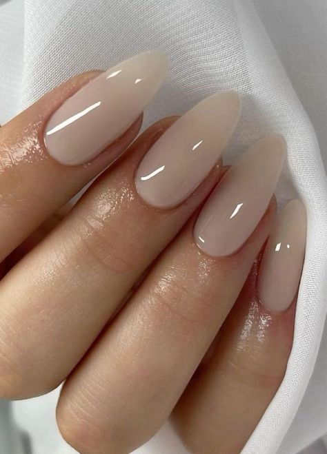 Gel X Medium Almond, Elegant Beige Nails, Bridal Neutral Nails, Ivory Cream Nails, Beige Neutral Nails, Neutral Nails Tan, Milky White Nails With Jewels, Creamy Neutral Nails, Almond Nails For Pale Skin