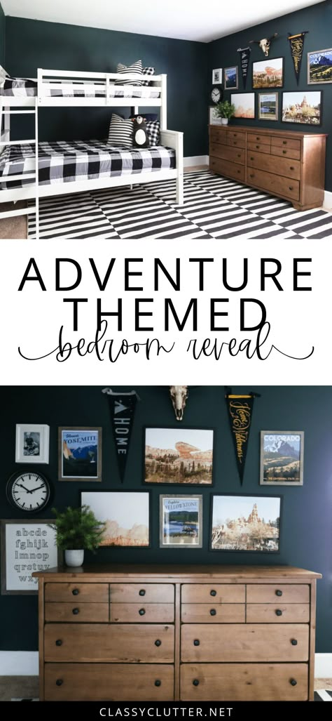 Everything you need to know to create this Boys Bedroom! #affiliate | boys bedroom ideas, boys bedroom ideas tween, adventure room decor, adventure room ideas, boys bedroom themes, boys bedroom bunk beds, boy bedroom ideas on a budget, adventure room theme, adventure room diy, boys bedroom navy Boys Bedroom Beds & Frames, Boy Bedroom Bunk Beds, Boys Room With Bunk Beds Ideas, Boys Navy Blue Bedroom, Bunk Bed Boys Room Ideas, Boy Bedroom Dresser, Boys Bedroom Ideas Bunk Beds, Boys Bedroom With Bunk Beds, Bunk Beds Boys Room