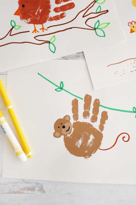 10 Handprint Animal Crafts That Kids Will Love! - Childhood Magic Handprint Animal Crafts, Handprint Animals For Kids, Animal Handprint Art, Grandma Handprint Gift, Handprint Animals, Hand Print Animals, Zoo Crafts, Zoo Animal Crafts, Monkey Crafts