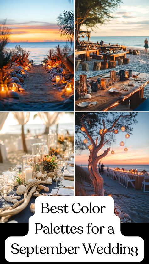 A beachfront fall wedding decorated with driftwood, seashells, deep blue, orange, and gold autumn colors, featuring a sunset ceremony and a cozy seafood dinner under the stars. Beach Wedding In The Fall, August Beach Wedding Colors, Beach Wedding Fall, September Beach Wedding Colors, Fall Ocean Wedding, Coastal Wedding Ideas Color Palettes, Wedding Color Palette Beach, Fall Beach Wedding Ideas, Coastal Fall Wedding