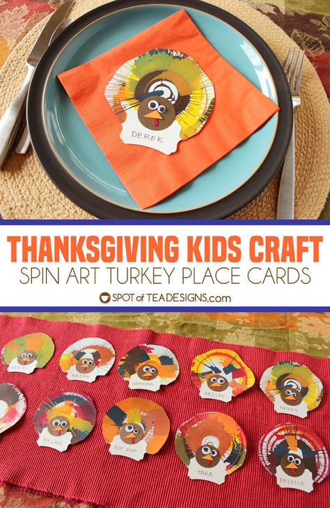 Thanksgiving Kids Craft: Spin Art Turkey Place Cards - Spot of Tea Designs Thanksgiving Table Place Cards Diy Kids, Kids Thanksgiving Place Cards, Diy Place Cards Thanksgiving, Thanksgiving Crafts For School, Thanksgiving Crafts For Kids Preschool, Kids Thanksgiving Art, Kids Thanksgiving Art Projects, Fall Play Dough, Preschool Thanksgiving Crafts