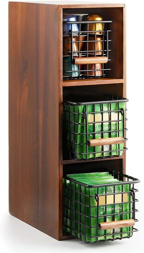 Amazon.com: WILDMOS Coffee Pods and Tea Bag Organizer,3 Tier Wood Box with Metal Wire Basket Coffee Pod Drawer,Coffee Bar Accessories for Kitchen Countertop Organizer, tea bag storage for Coffee Bar Decor : Home & Kitchen Tea Storage Organizing, Coffee And Tea Cabinet Organization, Tea Bag Storage Ideas, Wood Coffee Pod Storage, Drawer Organizer For Coffee And Tea, Tea Organization Ideas, Tea Bag Storage With Jars, Coffee Pod And Tea Storage, Coffee Pods Drawer