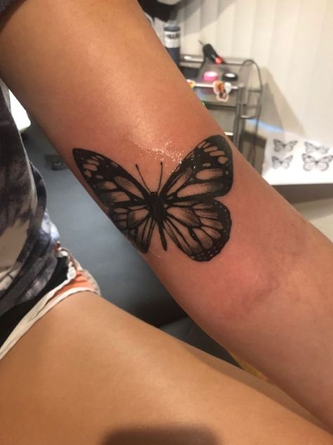 Butterfly Tattoo #tattoos #tattooideas #quotetattoos Cover Up With Butterfly Tattoo, Butterfly Tattoo Coverups, Inner Elbow Tattoo Coverup, Butterfly Tattoo Women Arm, Believe Arm Tattoo, Bicep Butterfly Tattoo Women, Butterfly On Forearm Tattoo, Inner Bicep Butterfly Tattoo, Above Wrist Tattoo