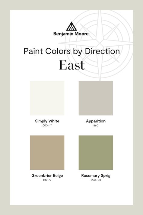 Our paint colors by direction can help you figure out which hues will look best in your space based on the natural light coming from the direction the room faces. Check out popular colors for East-facing rooms. Best Paint Colors For East And West Facing Rooms, Early Frost Benjamin Moore, Paint For West Facing Room, East Facing Living Room Paint Colors, West Facing Bedroom Paint Colors, East Facing Room Paint Colors, East Facing Living Room, Benjamin Moore Neutral Paint Colors, East Facing Bedroom