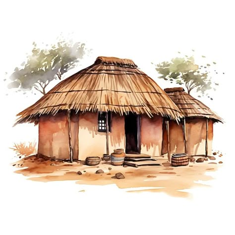 Premium Photo | Watercolor Cottage of Impoverished Hovel Makeshift Fabric Dolls Muted Earth Tones Art 2D Vector 2d House Drawing, Hut Drawing, Hut Painting, House Watercolor, Indian Village House Drawing, Hut Interior Concept Art, Cottage Art Vintage, Hut Watercolor Painting, Popular Art Paintings