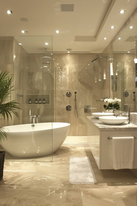 Step into luxury with this modern bathroom featuring polished beige marble tiles, recessed lighting, and a sleek freestanding bathtub. The vanity area boasts white vessel sinks, a marble countertop, and a large mirror for a spacious feel. The glass-enclosed shower area offers a rainfall showerhead, built-in shelves, and a stylish potted plant for a touch of greenery. Experience elegance and functionality in one space! Dream Bathrooms Luxury Modern, Dream Bathroom Luxury, تصميم دورة مياه, Bathroom Decor Luxury, Bathroom Design Decor, Bathroom Inspiration Decor, Bathroom Design Luxury, Dream Bathrooms, Elegant Bathroom