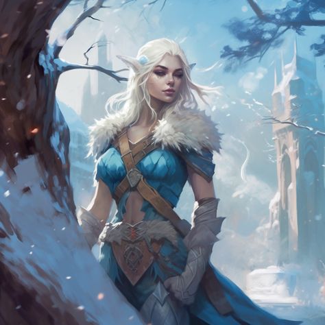 Dnd Eladrin Winter, Female Winter Eladrin, Winter Elf Dnd, Snow Elf Art, Winter Eladrin Female Dnd, Winter Eladrin Dnd, Winter Eladrin Male, Spring Eladrin Female, Eladrin Dnd