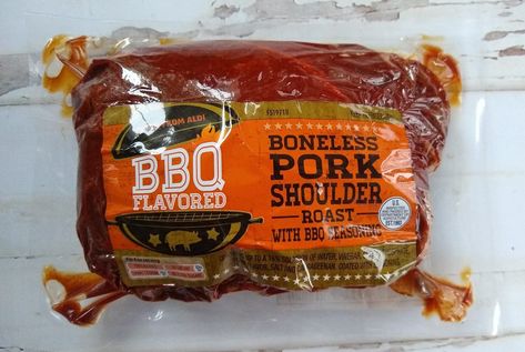 Aldi BBQ Flavored Boneless Pork Shoulder Roast with BBQ Seasoning Aldi Carnitas Pork Shoulder, Aldi Carnitas, Carnitas Pork Shoulder, Pork Shoulder Roast Crock Pot, Barbecue Pork Roast, Aldi Dinners, Crockpot Pork Shoulder, Bbq Pork Shoulder, Aldis Recipes