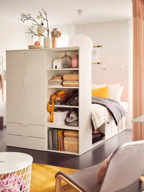 35 Small Bedroom Ideas – Make Every Inch Count - Living in a shoebox Small Teenager Bedroom, Ikea Teenage Boys Bedroom Ideas, Ikea Guest Room, Ikea Small Bedroom, Ikea Bedroom, Bed Design Modern, Small Bedroom Ideas, Bed Frame With Storage, Headboard Storage