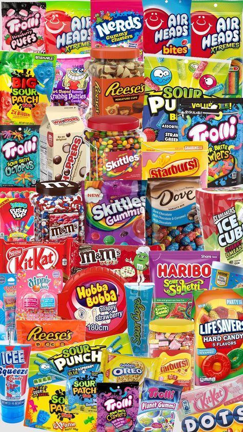 #candy Candy And Chocolate, Candy Stash Ideas, Pictures Of Candy, Aesthetic Candy, Candy Collage, American Candy Aesthetic, Sourest Candy In The World, Nerds Wallpaper Candy, Big Bag Of Candy