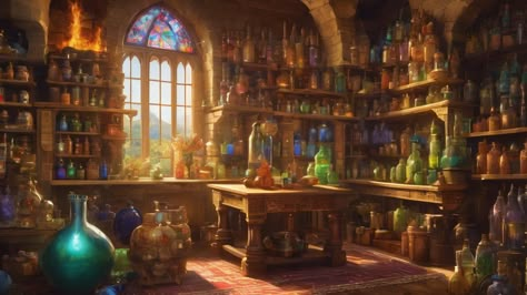 Fantasy Potion Shop, Apothecary Shop Fantasy Art, Dnd Potion Shop, Apothecary Concept Art, Potions Shop, Potion Shop Concept Art, Potion Room, Fantasy Store, Potion Shop