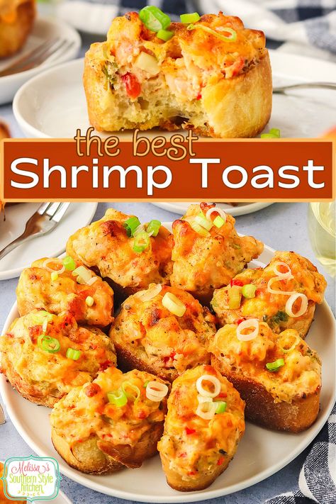 This Shrimp Toast Recipe is an easy appetizer to serve for parties, game day snacks, the holidays or any time small bites are on the menu. #shrimprecipes #shrimptoast #easyappetizers #appetizerrecipes #seafood #seafoodrecipes via @melissasssk Mini Shrimp Recipes, Shrimp Toast Recipe, Feta Bruschetta, Shrimp Bruschetta, Taco Appetizers, Rice Stir Fry, Shrimp Appetizer Recipes, Christmas Party Games For Adults, Shrimp Toast