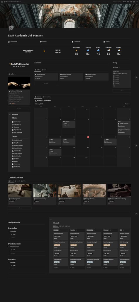 Notion template for college and university students. It has a dark academia theme and is aesthetic. It has an assessment tracker, wallet (financial planner),  and course tracker, amongst other things. Courses Aesthetic, Wish List Notion, Notion Habit Tracker, University Planner, Study Planner Free, Vision Planner, Student Dashboard, Life Planner Organization, Planner Setup