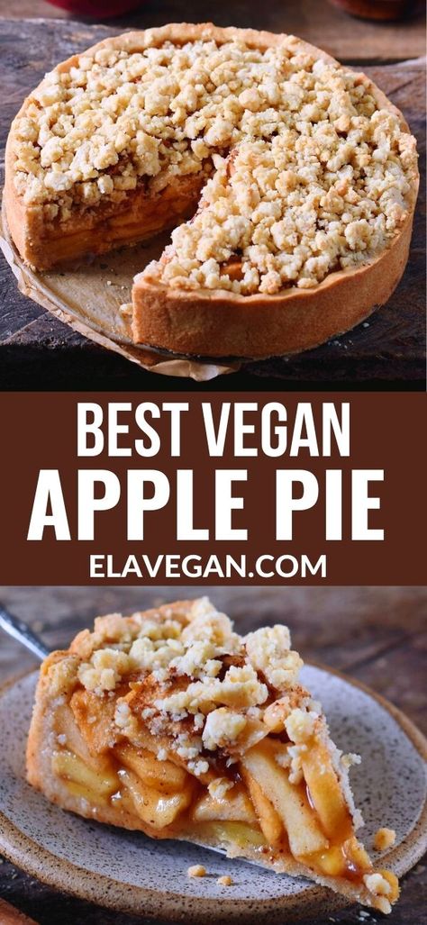 This vegan apple pie with streusel is the perfect fall dessert. It will make your kitchen smell like heaven and sweeten up your day. The recipe is vegan, gluten-free, can be made nut-free and refined sugar-free. Vegan Apple Pie Recipe, Vegan Fall Dessert, Sugar Free Apple Pie, Thanksgiving Desserts Apple, Gluten Free Apple Recipes, Vegan Pies Recipes, Vegan Pies, Vegan Apple Pie, Fall Vegan Recipes