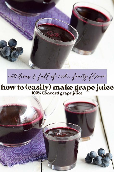 how to make grape juice pin How To Make Concord Grape Juice, How To Make Homemade Grape Juice, How To Juice Grapes Without A Juicer, How To Make Grape Juice From Concord Grapes, Instant Pot Grape Juice, Red Seedless Grapes Recipes, Grape Juice Concentrate Recipe, Concord Grape Recipes Easy, Making Grape Juice