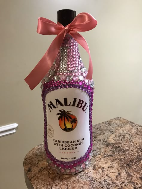 Bedazzled Malibu Bottle, 21 Bedazzled Bottle, Bedazzled Alcohol Bottle 21st Birthday, Rhinestone Liquor Bottles Diy, Malibu Bottle Decorated, Decorated Liquor Bottles Birthday, Bedazzled Bottle 21st Birthday, 21st Birthday Bottle Decoration, Birthday Alcohol Gift Ideas