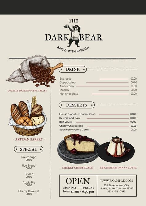 Book Cafe Menu Design, Cafe Food Menu Design, Menu Drawing Design, Food Menu Graphic Design, Menu Poster Design Ideas, Menu Design Dessert, Cafe Design Poster, Menu Dessert Design, Menu Cafe Aesthetic