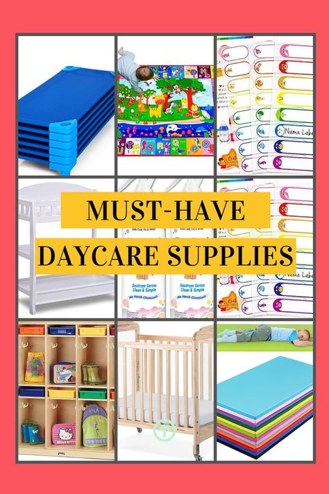 Starting a daycare? or looking to stock up with essentials? This ultimate daycare supplies guide is what you need. I give you my favorite daycare toys, daycare rugs, name labels, changing tables,etc. If you're a daycare or preschool owner or childcare center director, you know that it can be tough to keep your daycare stocked with all the furniture, equipment, supplies, and toys you need. That's why I've compiled this list of 33 of my favorite daycare must haves on Amazon! Daycare Ideas Center, Daycare Must Haves, Daycare Cubbies, Starting A Daycare Center, Must Haves On Amazon, Daycare Toys, Child Care Center Design, Daycare Supplies, Daycare Room Design