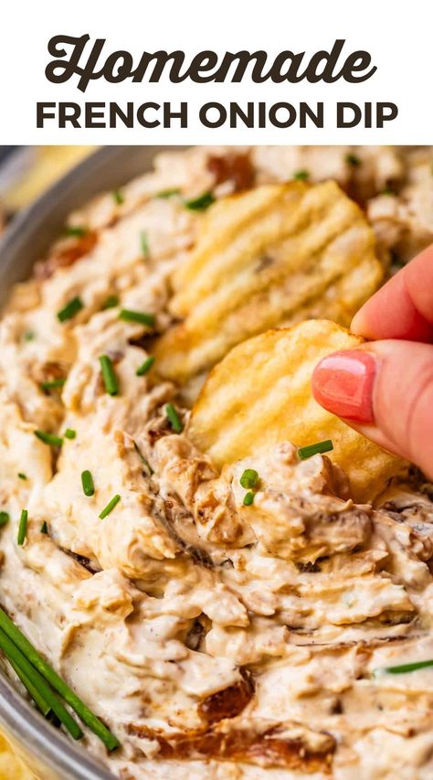 Make a crowd-pleasing appetizer with this creamy homemade French onion dip! Made with caramelized onions, rich sour cream, and flavorful herbs, this dip is perfect for parties, gatherings, or a delicious appetizer. Enjoy with chips, veggies, or crackers. Discover the best recipe for a classic French onion dip that's easy to prepare and irresistibly tasty. Gameday Recipes, French Onion Dip Recipe, Homemade French Onion Dip, Savory Dips, Onion Dip Recipe, Caramelized Onion Dip, The Food Charlatan, French Onion Dip, Food Charlatan