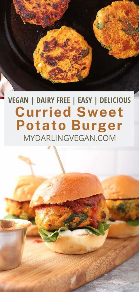 Sweet Potato Burger Patties, Sweet Potato Burger Recipe, Sweet Potato Sandwich, Potato Patty, Sweet Potato Burger, Curried Sweet Potato, Sweet Potato Veggie Burger, Potato Burger, Tofu Wraps