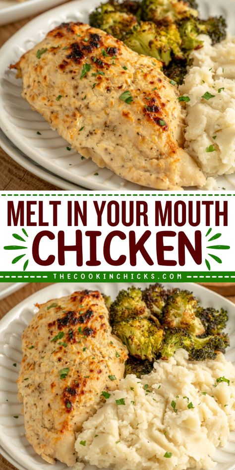 This Melt in your Mouth Chicken recipe comes together using only 6 simple ingredients. Boneless chicken breasts covered in a creamy Parmesan sauce and baked until perfectly juicy and tender! A quick and easy dinner option that is perfect for busy weeknights or lazy weekends! Main Dishes For Dinner Chicken, Baked Chicken Meal Ideas, Chicken Recipes Baked Easy, Two Chicken Breast Recipes, Weeknight Chicken Dinner Easy, Frozen Baked Chicken Recipes, Cheap Chicken Recipes Budget, Quick Oven Chicken Recipes, Easy Pan Chicken Recipes