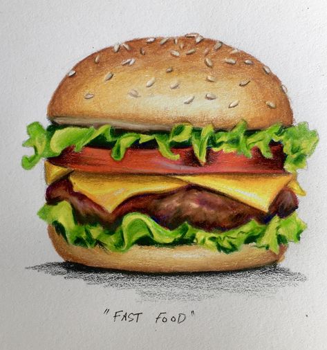 Food Pencil Color, Burger Drawing Realistic, Cheese Burger Drawing, Burger Painting Art, How To Draw Burger, Food Drawing Simple, Burger Reference, Hamburger Painting, Drawing Burger