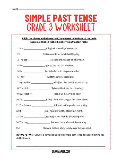 Educational worksheet with 15 fill-in-the-blank exercises practicing simple past tense verbs, including an example about baking muffins and a bonus writing prompt at the bottom for third-grade students Past Tense Grade 3 Worksheet, Simple Past Tense Worksheet Grade 3, Past Tense Worksheet Grade 2, Past Worksheets, Simple Past Worksheet, Simple Past Tense Worksheet, Tense Worksheet, Past Tense Worksheet, Articles Worksheet