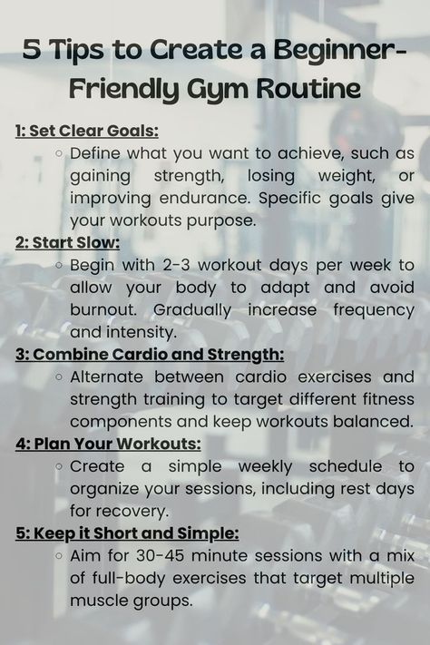 An instructional graphic providing beginner gym routine tips: setting clear goals, starting slow, combining cardio and strength, planning workouts, and keeping sessions simple. Background shows blurred gym equipment. Beginner Workout Plan For Women, Workout Schedule For Gym, Exercise Program For Beginners, Schedule For Workout, Gym Dos And Donts, Gym Advice For Beginners, Begginer Gym Workouts Women, How To Build A Gym Routine, Cardio For Beginners Gym