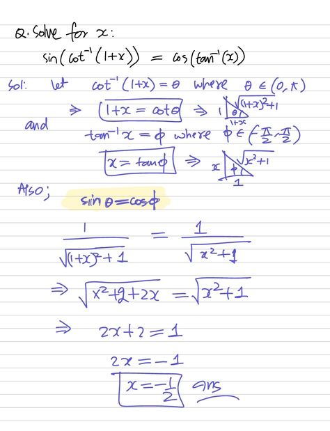 Solve for x : sin(arccot(1+x))= cos(arctanx) jee 2004s inverse Trigonometry practice pyq Maths Questions, Math Problem Solving, Math Questions, Trigonometry, Problem Solved, Math Problems, Study Motivation, Good Quality, Let It Be